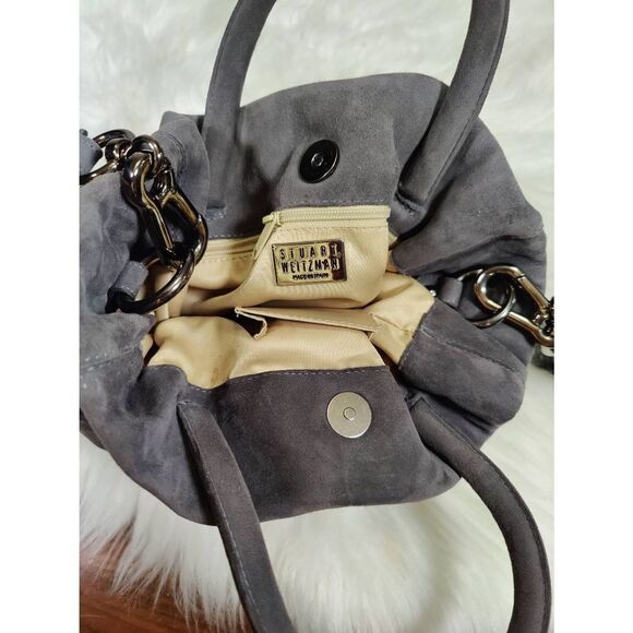 Stuart Weitzman small gray suede hobo bag with chunky silver hardware - Picture 6 of 7